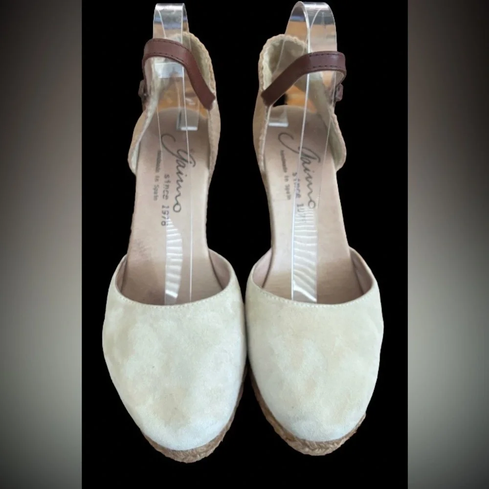 Giamo Anthro beige suede 3” wedge heel espadrilles w brwn lthr strp SZ 8 coastal